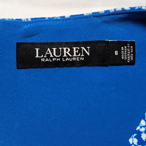 Lauren Ralph Lauren Womens 8 Short Sleeve V Neck Floral Midi Dress Blue White - Picture 3 of 9